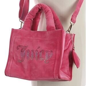 Juicy Couture Pink Velour Tote Bag Rhinestone Logo Crossbody Handbag Y2K Heart